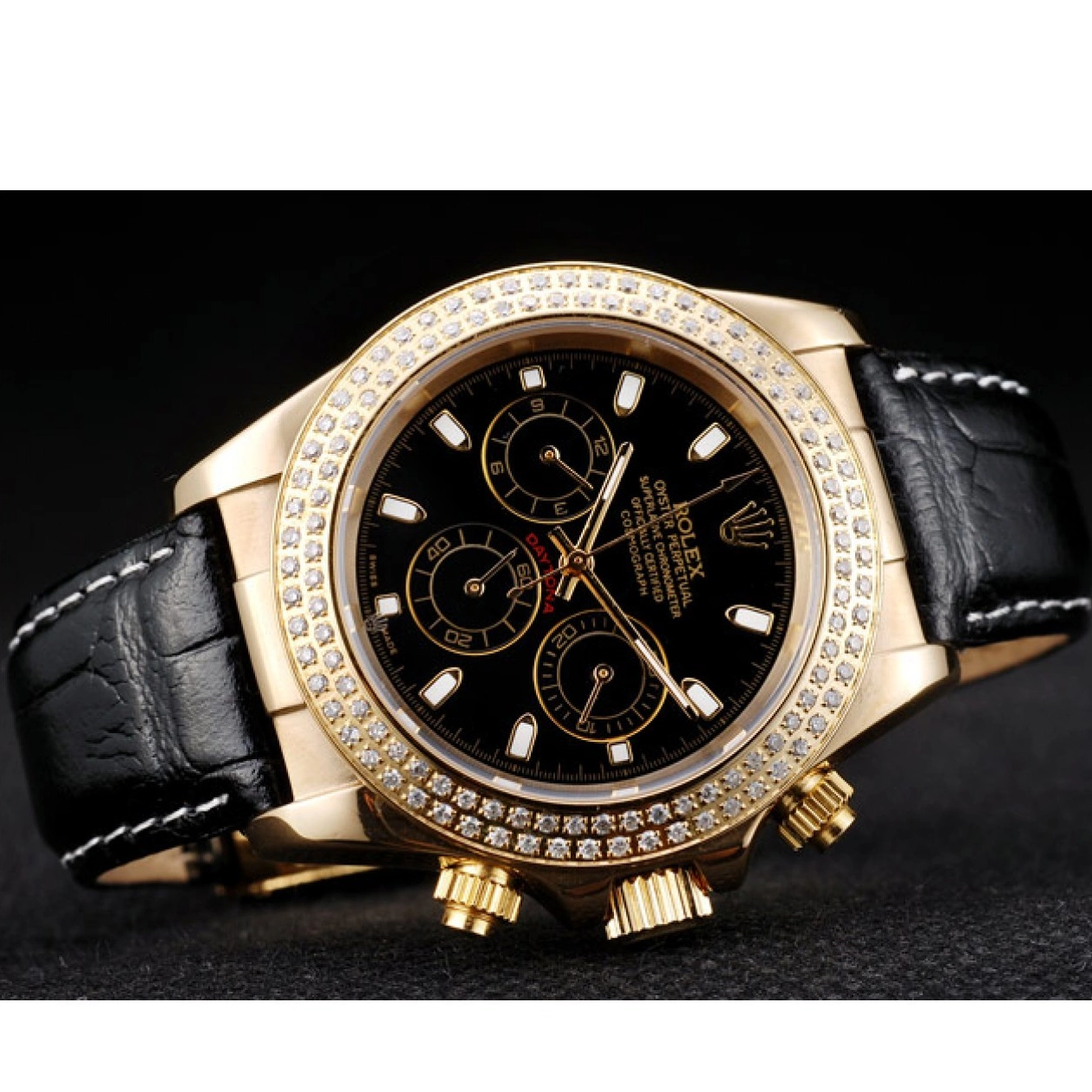 Aaa replica watch Bezel Crystal Studded Rolex Daytona Case Gold Dial Black 0708